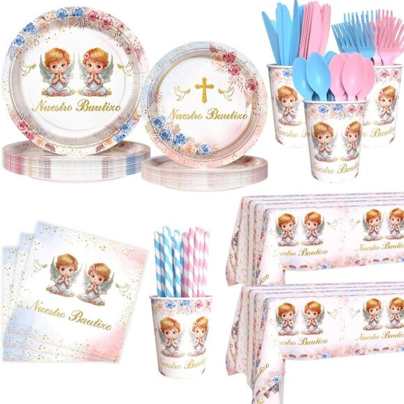 194 Pcs Boho Nuestro Bautizo Baptism Party Decorations Supplies Twins First Holy - Picture 1 of 4